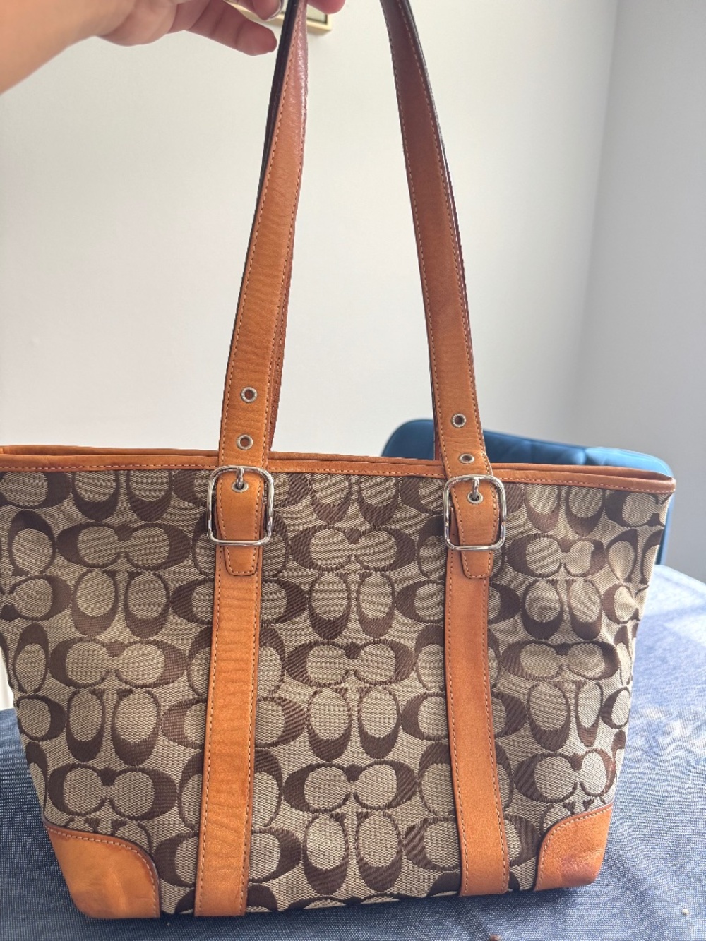 Vintage Coach Brown Signature Monogram Leather Trim Tote Bag Shoulder Bag